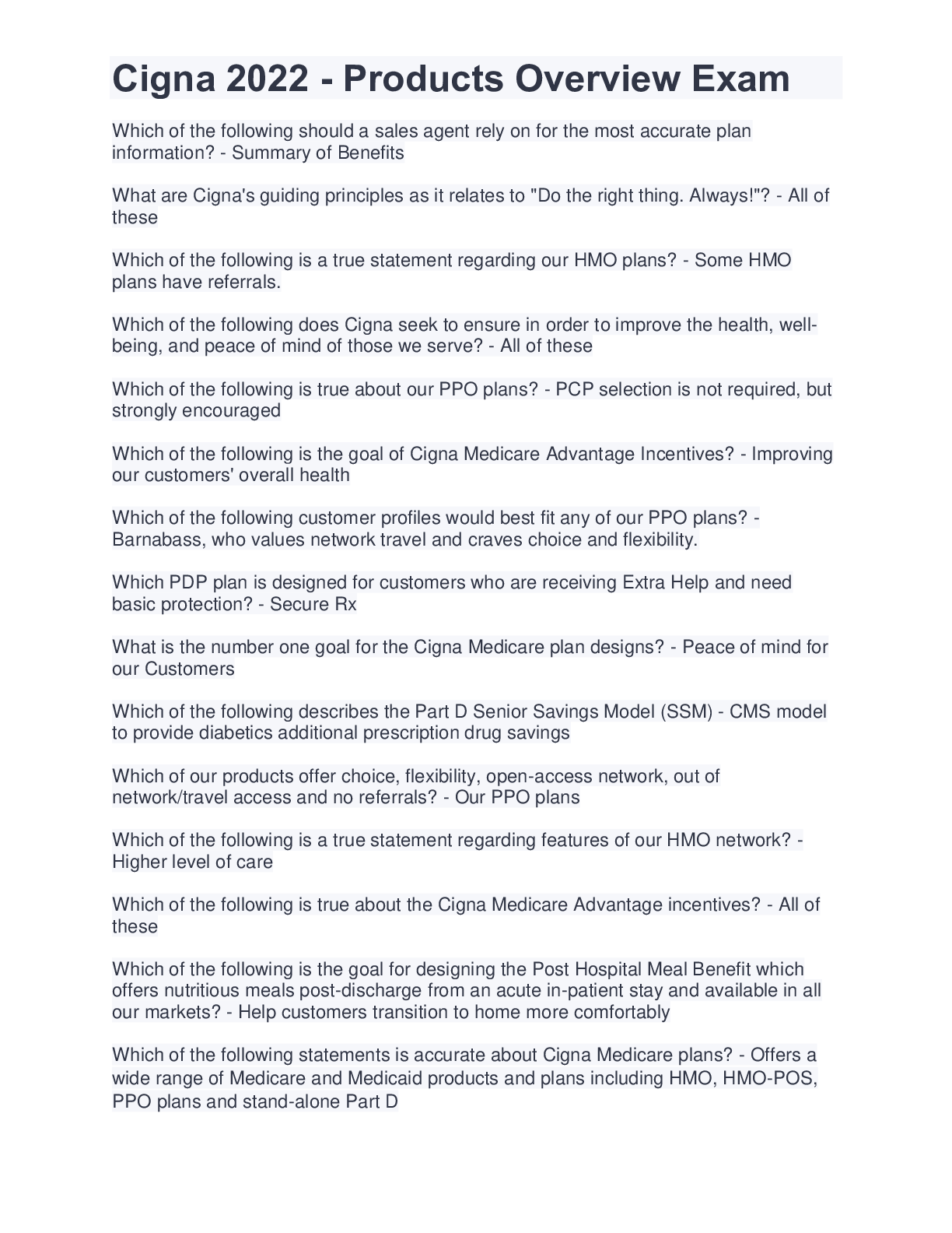 Preview image for Cigna 2022 - Products Overview Exam